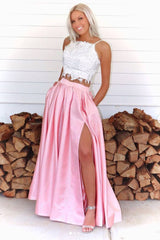 Pink two pieces lace long prom dress, pink lace formal dress - RongMoon