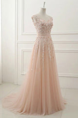 Tulle Pink Round Neck Lace Applique Long Prom Dress