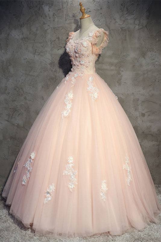 Pink tulle lace long prom dress pink tulle lace evening dress - RongMoon