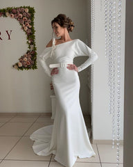 Satin Sexy Backless Sheath Long Sleeve Sash Belt Wedding Dress