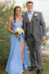Lace Straps Sleeveless Sexy Blue Front Slit Prom Dress