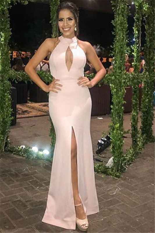 Side-Slit Satin Pink Halter Sleeveless Mermaid Prom Dress