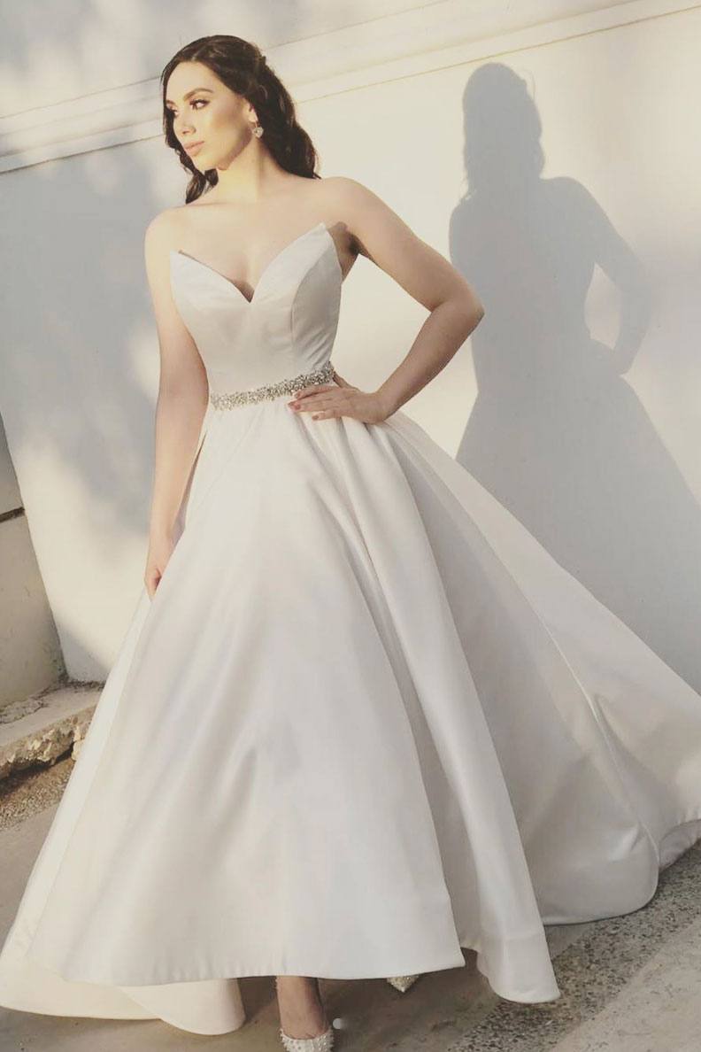 White sweetheart satin tea Length prom dress, bridesmaid dress - RongMoon