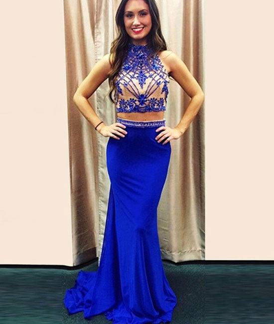 Blue 2 Pieces Chiffon Long Prom Dresses, Blue Formal Dress - RongMoon