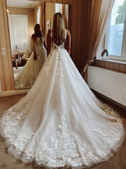A Line V Neck Lace Open Back Beach Wedding Dress