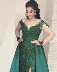Sheer Long Sleeves Leg Slit Satin Mermaid Evening Dresses Lace Appliques