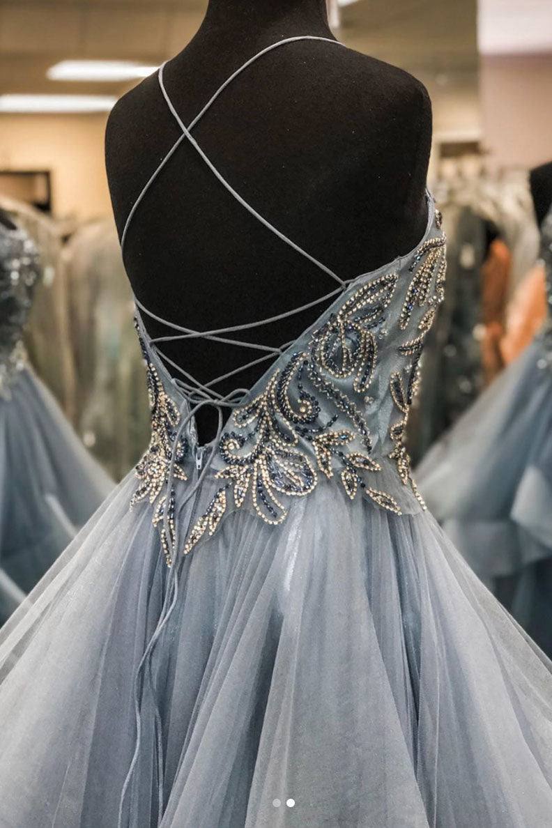 Gray tulle beads long prom dress gray tulle long evening dress - RongMoon