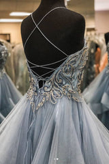 Gray tulle beads long prom dress gray tulle long evening dress - RongMoon