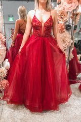 A-Line Beading Lace-Up Back Red Tulle Long Prom Dress