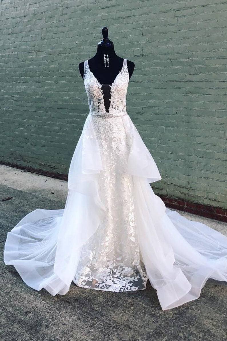White v neck tulle lace long prom dress white tulle lace evening dress - RongMoon