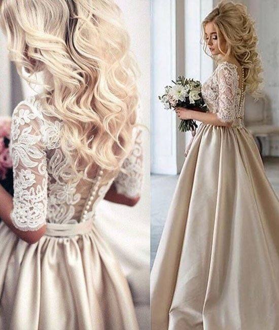 Unique Champagne v neck lace prom dress, champagne wedding dress - RongMoon