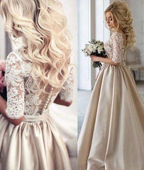 Unique Champagne v neck lace prom dress, champagne wedding dress - RongMoon