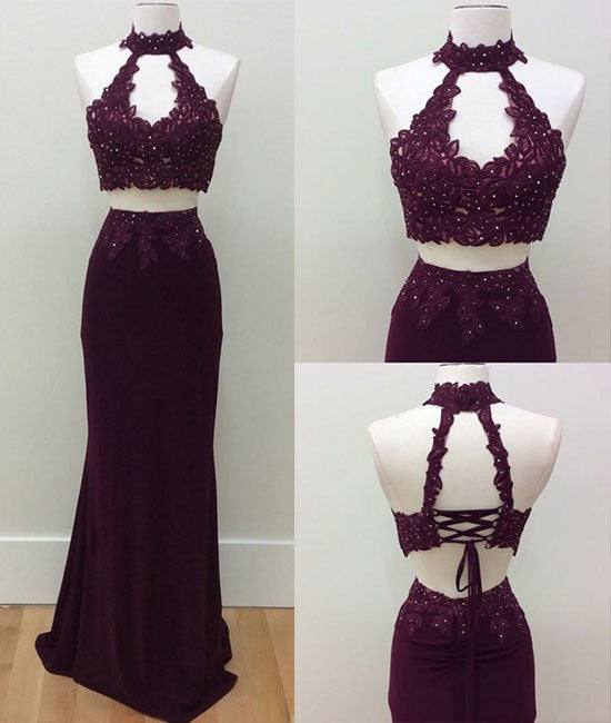 Unique two pieces lace applique long prom dress, lace evening dress - RongMoon