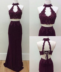 Unique two pieces lace applique long prom dress, lace evening dress - RongMoon