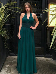 Halter Green Chiffon Floor Length Pleats Prom Dress