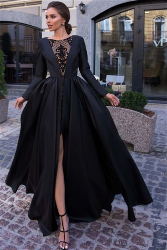 Black Lone Sleeves See Through Satin Side-Slit A-Line Prom Dress