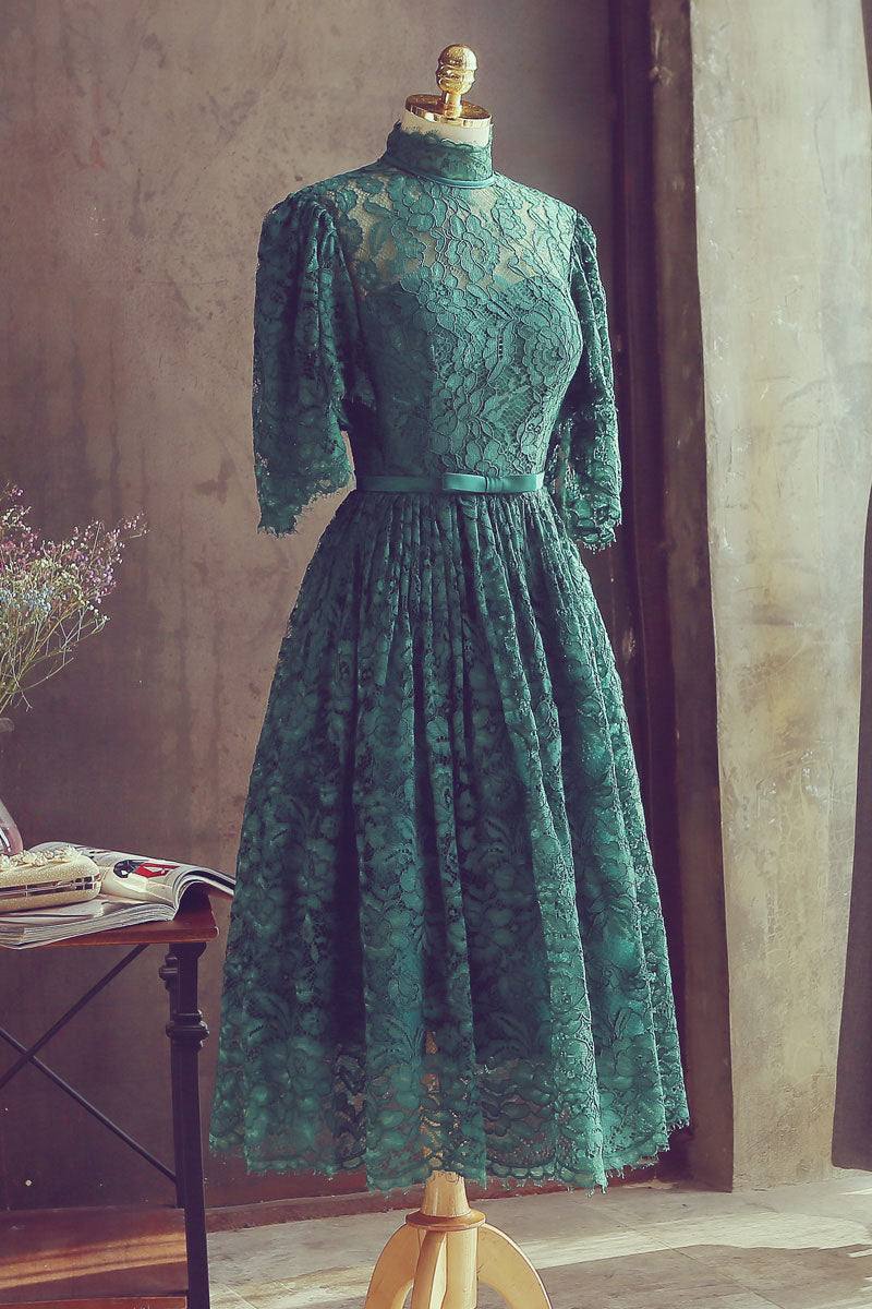 Green lace short prom dress green lace homecoming dress - RongMoon