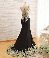 Black Round Neck Lace Applique long Prom Dress, Black Evening Dress - RongMoon