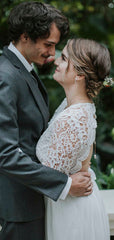 Affordable V-neck Simple Chiffon Lace Long Sleeve Open Back Long Wedding Dresses.DB10689