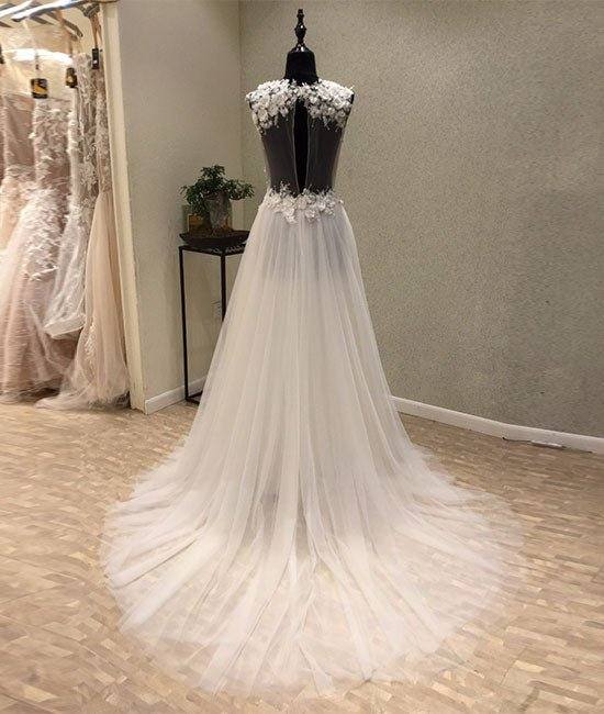 White A-line tulle lace long prom dress, white wedding dress - RongMoon