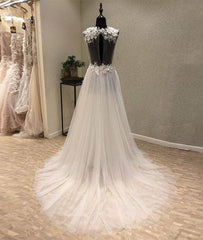 White A-line tulle lace long prom dress, white wedding dress - RongMoon