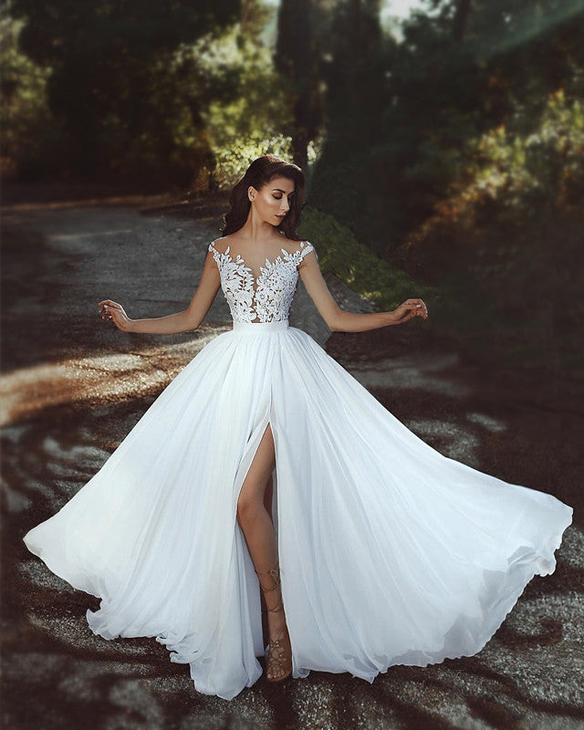 Elegant Lace Appliques Chiffon Long Split Wedding Dresses