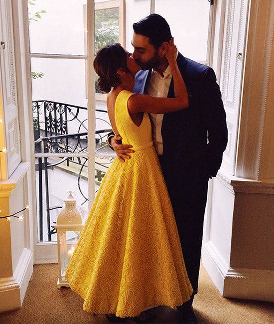 Cute yellow tea Length lace prom dress, lace evening dress - RongMoon