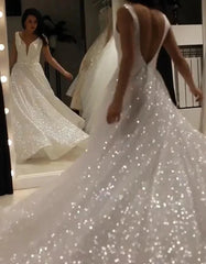 A-Line V-Neck Sequin Sparkly Wedding Dress