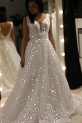 A-Line V-Neck Sequin Sparkly Wedding Dress