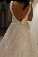 A-Line V-Neck Sequin Sparkly Wedding Dress