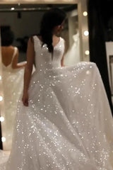 A-Line V-Neck Sequin Sparkly Wedding Dress