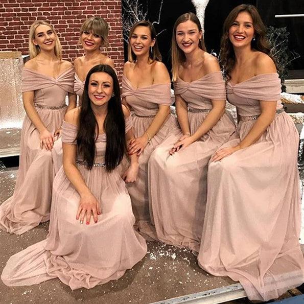 Off Shoulder Nude Chiffon Bridesmaid Dresses, Long Bridesmaid Dresses, Affordable Bridesmaid Dresses - RongMoon