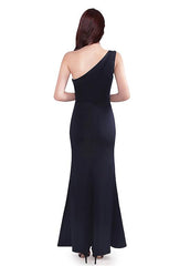One Shoulder Long Black Mermaid Evening Dress With Slit