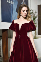 Back Burgundy Mid-Calf Short Sleeves Lace-up Ankle Length Velvet Prom Dress
