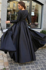 Black Lone Sleeves See Through Satin Side-Slit A-Line Prom Dress