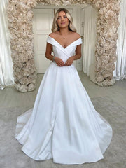 Satin Ruched A Line Sweep Train Off The Shoulder Wedding Dress