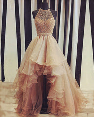 Sparkly Sequin Beaded Halter Organza Layered Prom Dresses Front Short Long Back