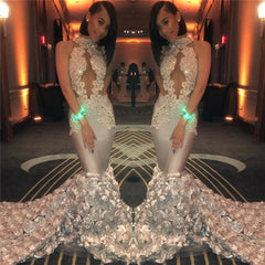 Long Silver Satin Beads Mermaid Ruffled Flowers Appliques Prom Dress
