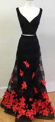 Black two pieces applique long prom dress, black evening dress - RongMoon