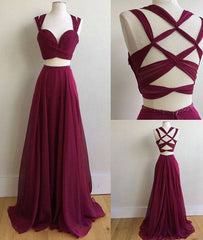Burgundy two pieces long prom dress, burgundy evening dress - RongMoon