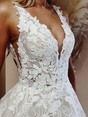 A Line V Neck Lace Open Back Beach Wedding Dress