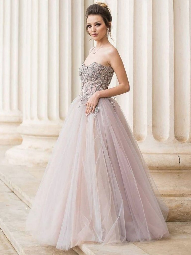 Appliques Flower Tulle Sweetheart Light Purple Formal Prom Dress
