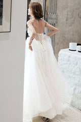 White lace tulle long prom dress white tulle lone evening dress - RongMoon