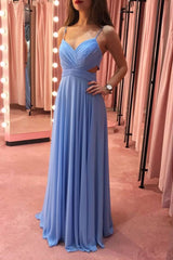 Blue chiffon long prom dress blue chiffon evening dress - RongMoon