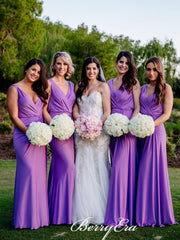 V-neck Purple Jersey Sheath Long Bridesmaid Dresses - RongMoon