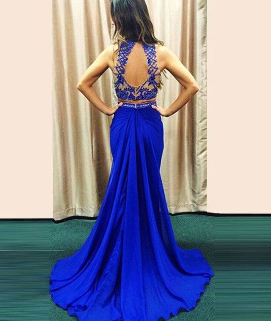 Blue 2 Pieces Chiffon Long Prom Dresses, Blue Formal Dress - RongMoon