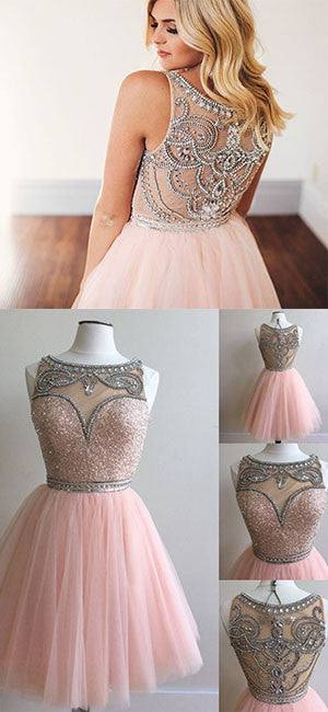 pink tulle short prom dress for teens, pink homecoming dress - RongMoon