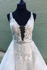 White v neck tulle lace long prom dress white tulle lace evening dress - RongMoon