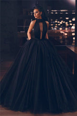 Sleeveless Ball Gown High-Neck Black Tulle Evening Dress With Pockets