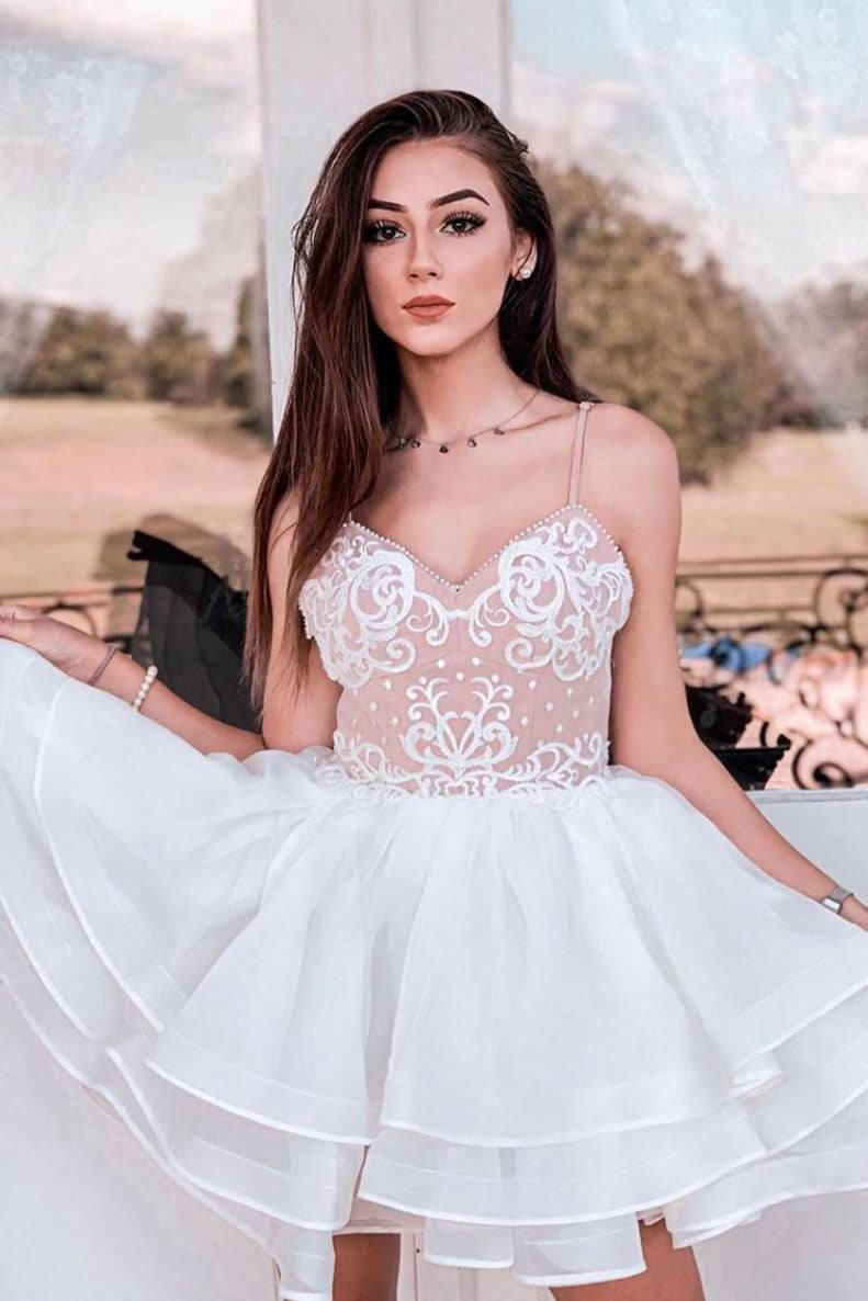 White tulle lace short prom dress white lace cocktail dress - RongMoon